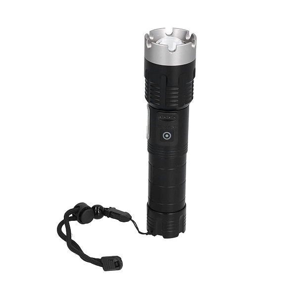 Black flashlight with silver top on a white background