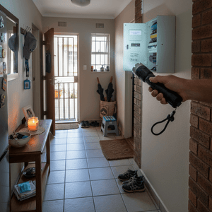 Rechargeable flashlight shining down an indoor entryway