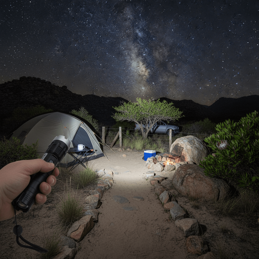 Rechargeable flashlight lighting an outdoor campsite at night
