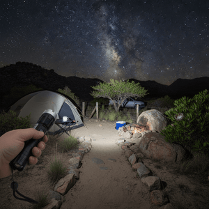 Rechargeable flashlight lighting an outdoor campsite at night