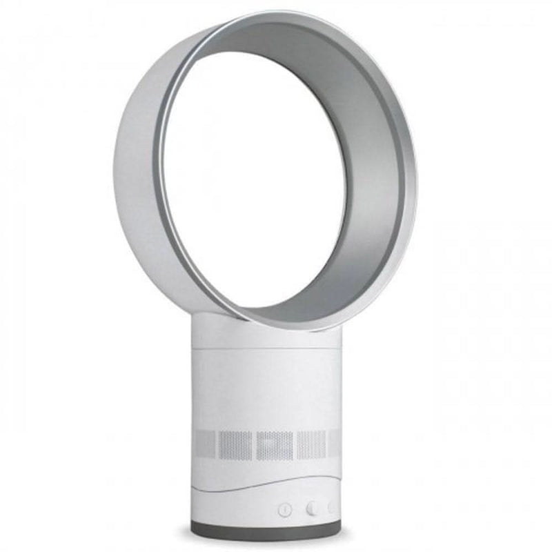 Modern bladeless desk fan in a stylish South African home office or reception area, clean desk, natural light, premium realistic interior, no text, no logos.