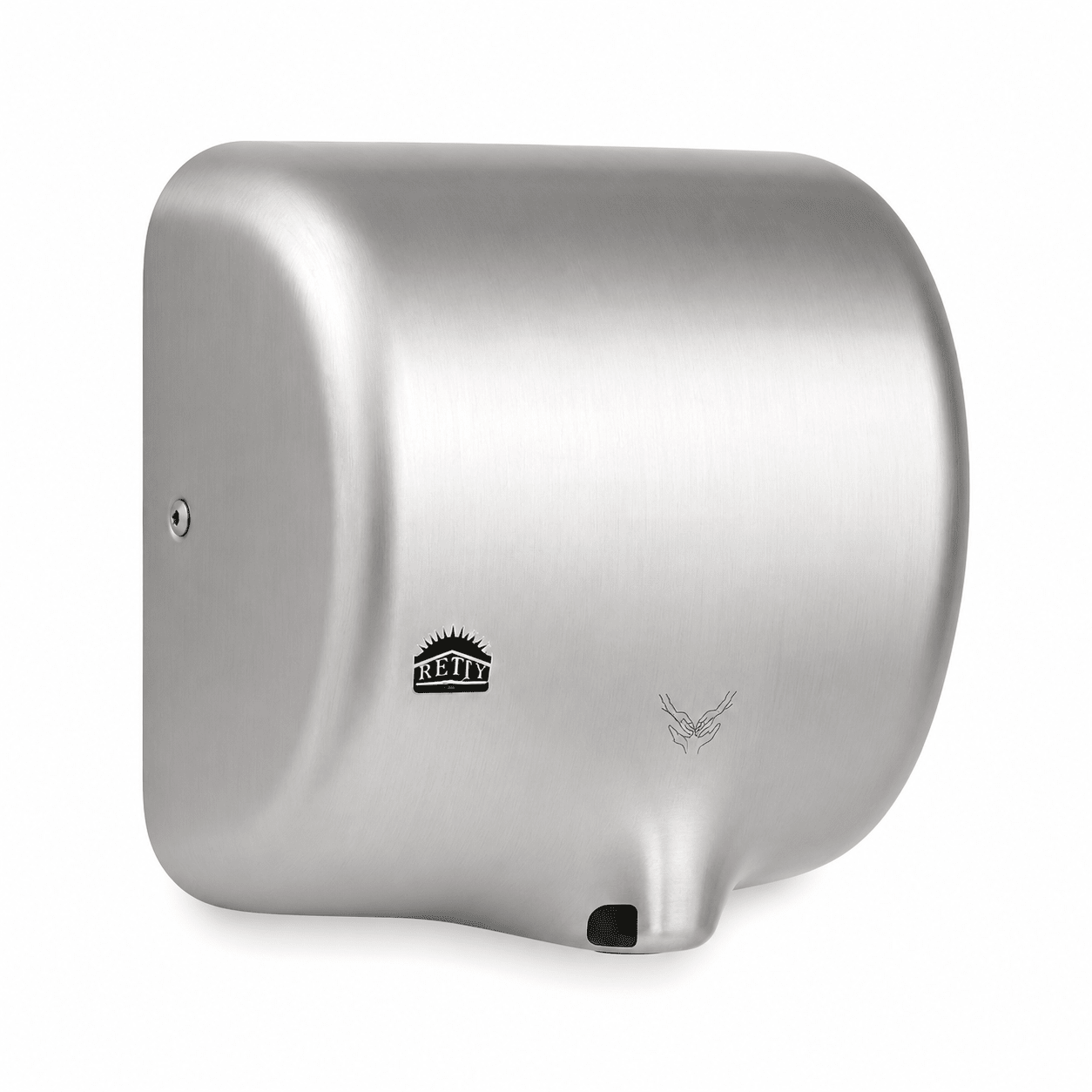 Silver hand dryer with brand logo on a white background