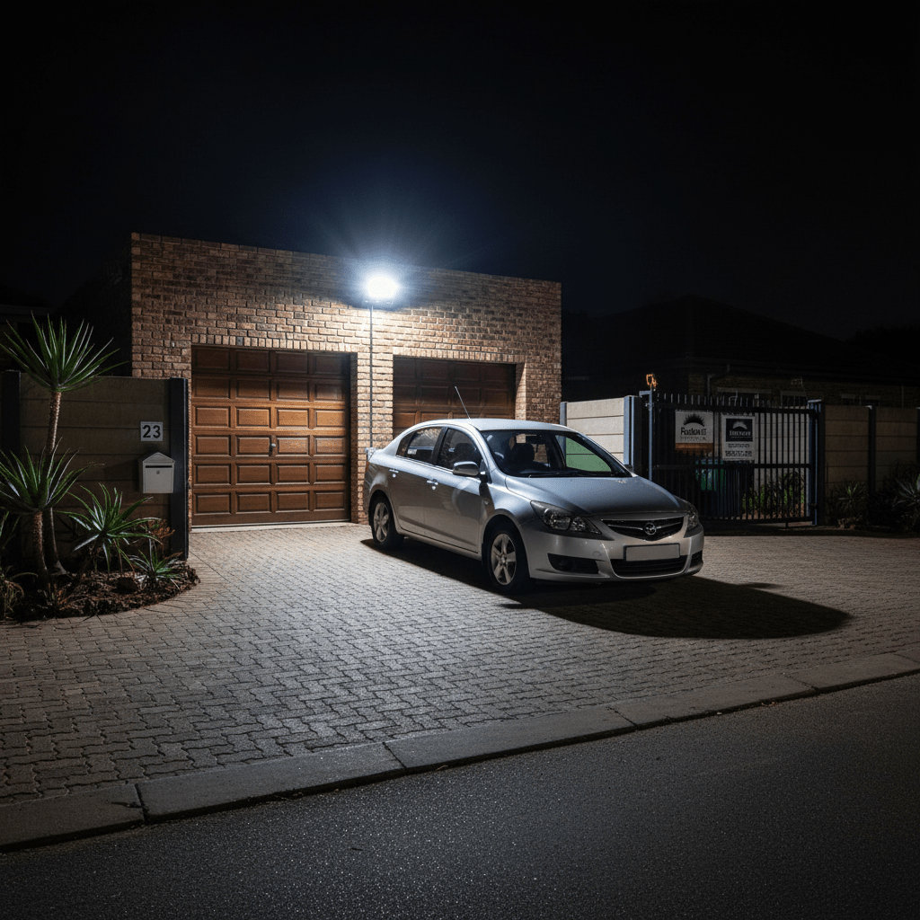 Brightly lit driveway with a silver car parked, illuminated by an LED floodlight mounted above garage doors.