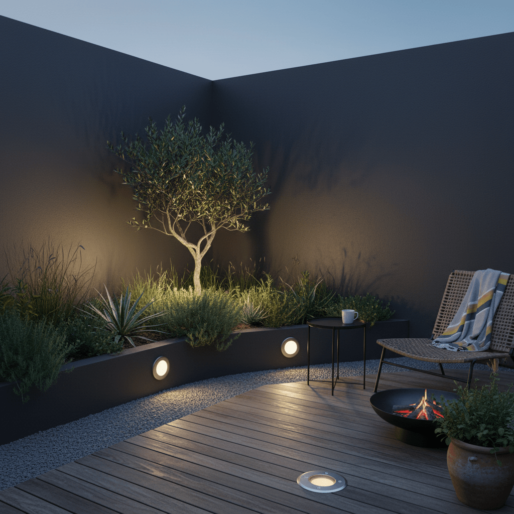 Stainless steel recessed ground lights illuminating a garden area with a tree and seating, creating a cozy outdoor ambiance.
