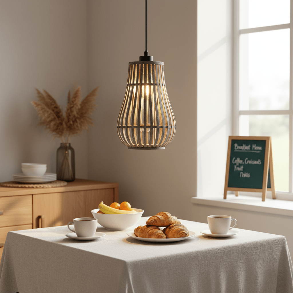 Metal and rattan pendant light hanging above a dining table set with coffee, croissants, and fruit.