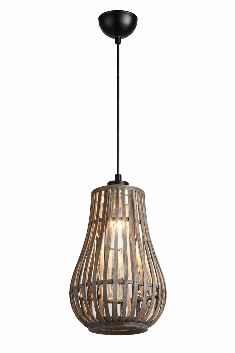 Wooden pendant light with a black ceiling fixture on a white background