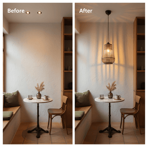 Before and after comparison of a cozy dining nook with a metal and rattan pendant light illuminating the space.