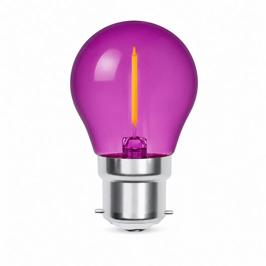 1W transparent filament golf ball bulb in purple with a silver base, showcasing a warm glow.
