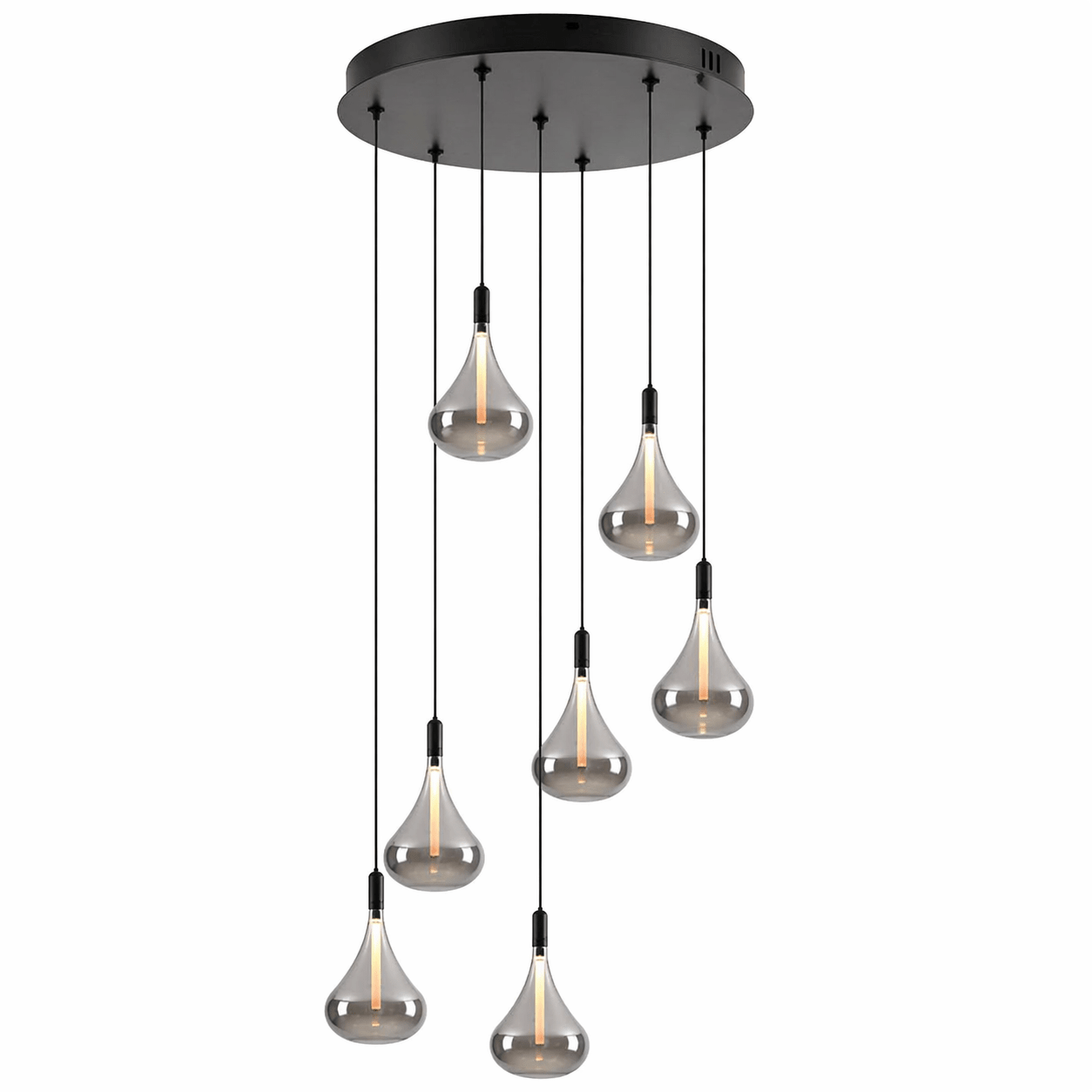 Modern pendant light with glass shades on a white background