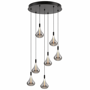 Modern pendant light with glass shades on a white background