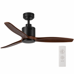 Modern ceiling fan with black metal body and wooden blades, remote control included.