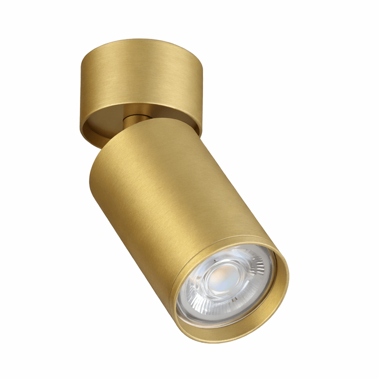 Gold cylindrical light fixture on a white background