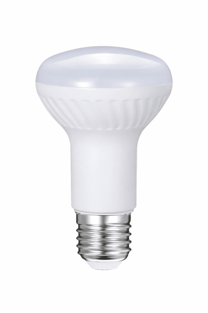 Dimmable 8W R63 LED reflector bulb with a smooth white finish and silver base.