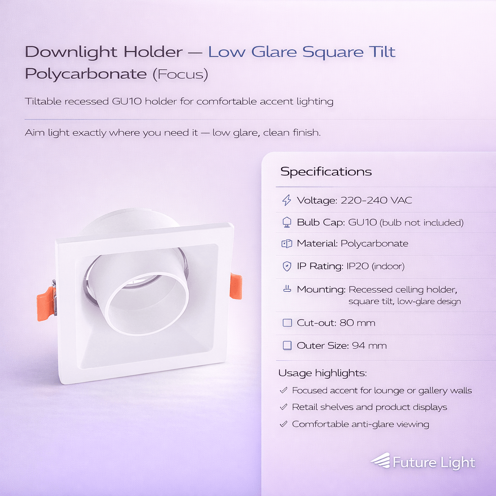 Downlight Holder - Low Glare Square Tilt Polycarbonate (Focus)