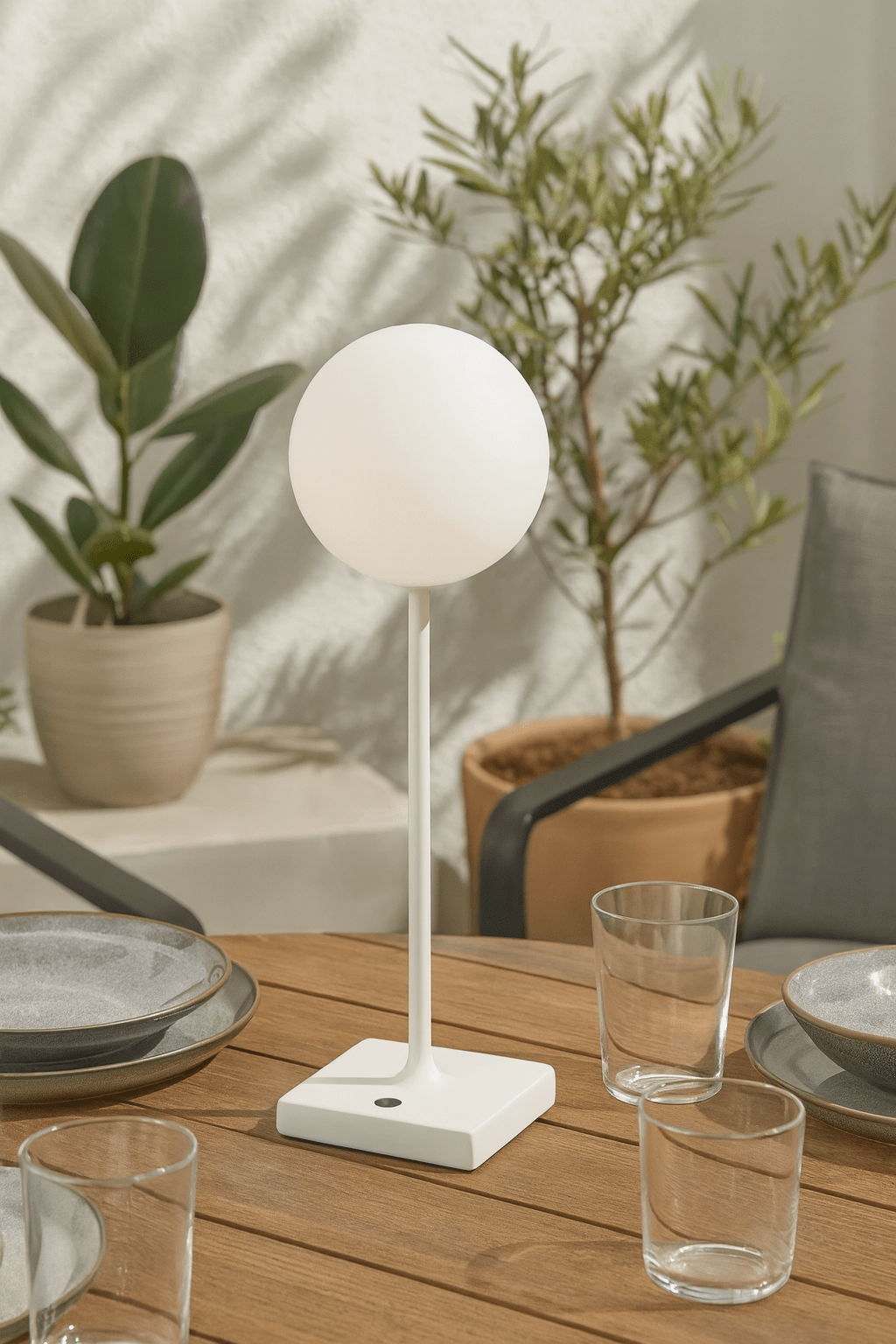 Pop White LED Table Lamp on a wooden table, surrounded by plates and glasses, with plants in the background.