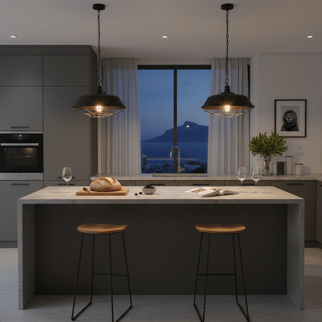 Stylish kitchen scene featuring two black grid pendant lights above a modern island with a loaf of bread and wine glasses.