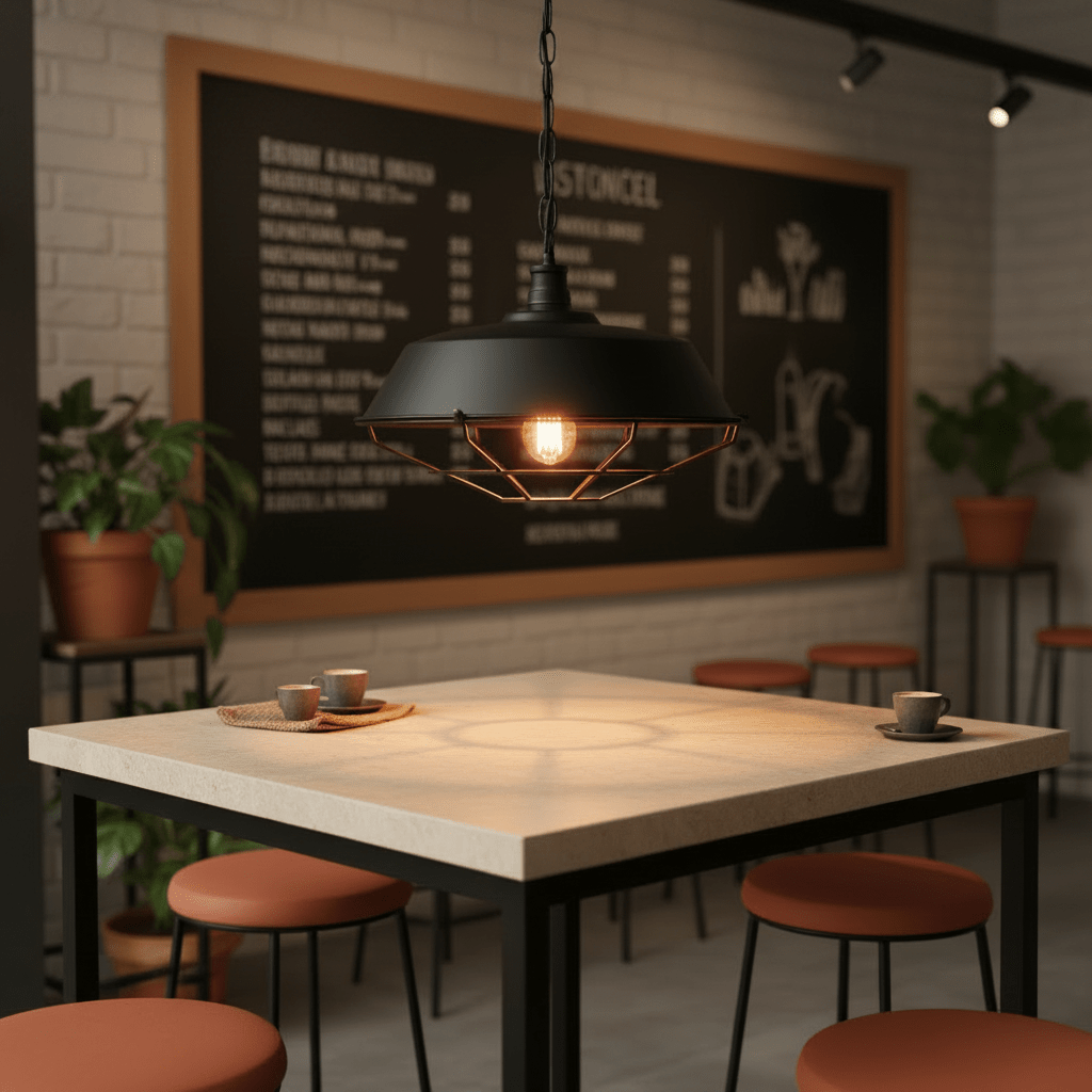 Black grid pendant light hanging over a modern dining table with orange stools, featuring a warm glow.