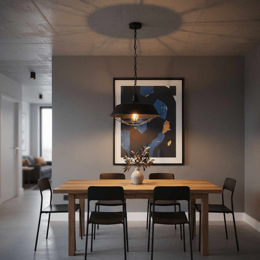 Black grid pendant light hanging above a wooden dining table with black chairs and artwork on the wall.