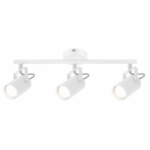 Adjustable 3-light white ceiling spotlight with three swiveling heads for focused illumination.