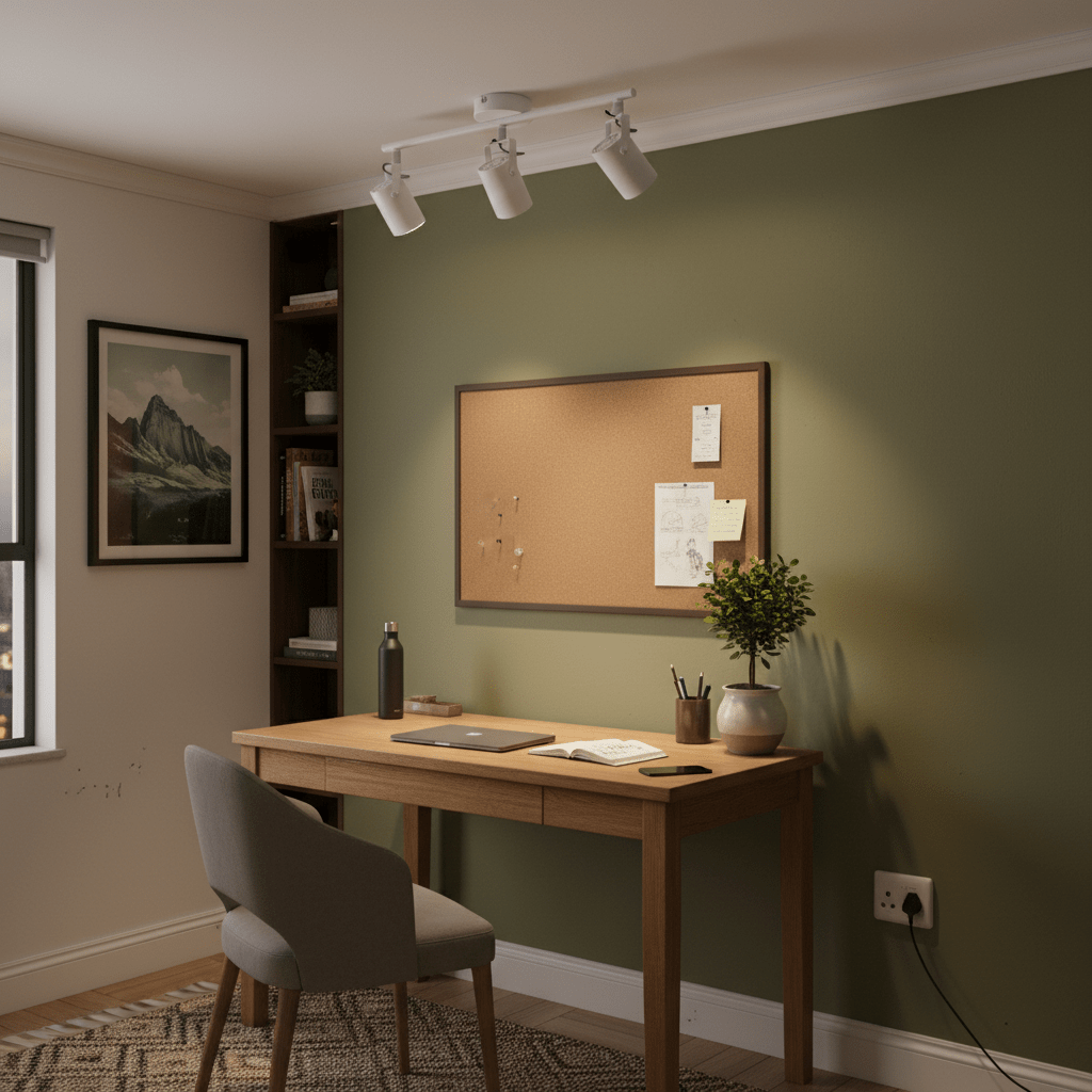 A stylish home office setup featuring a 3 light ceiling spotlight illuminating a wooden desk with a laptop and plants.