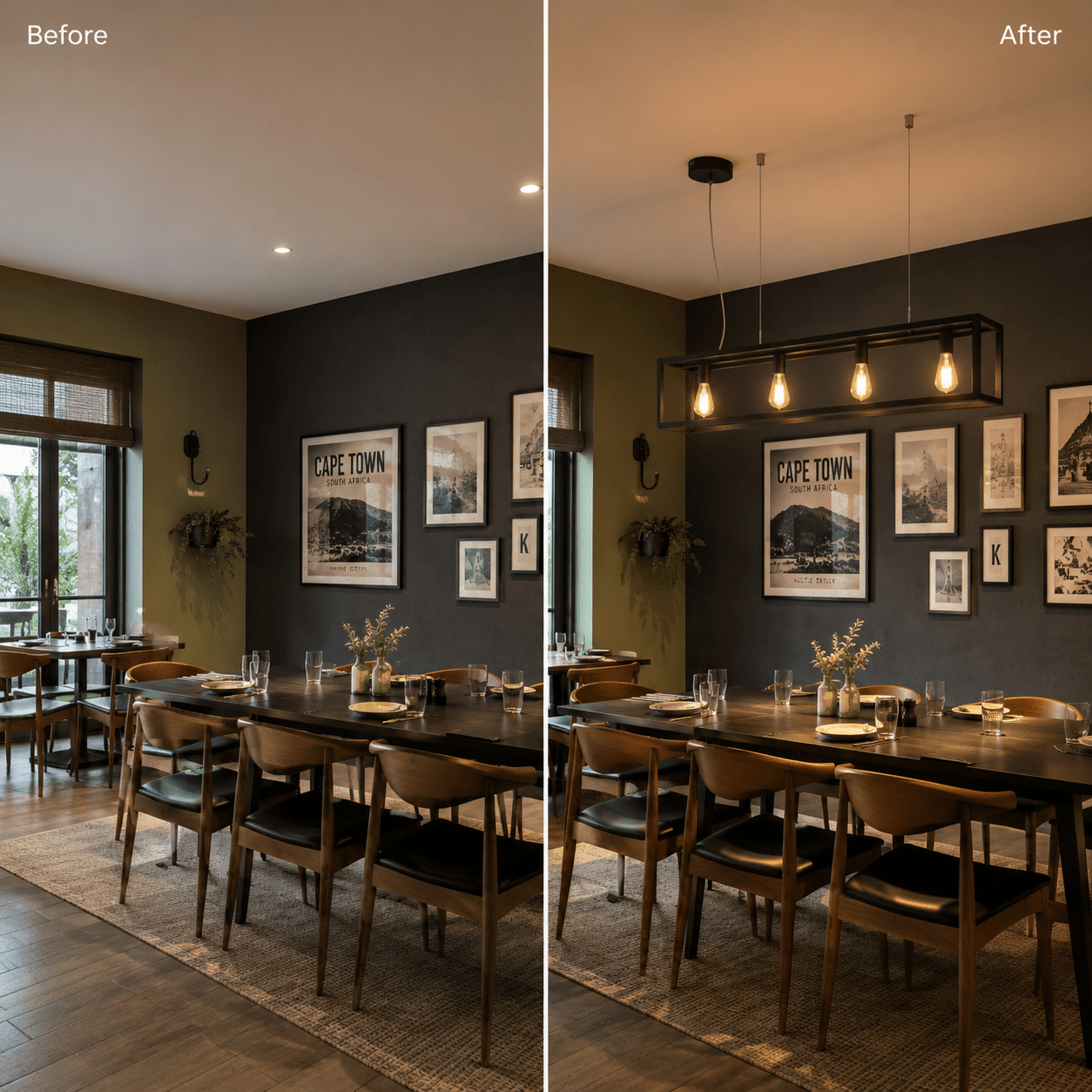 Before and after comparison of a dining area featuring a matte black four-light pendant above a long table.