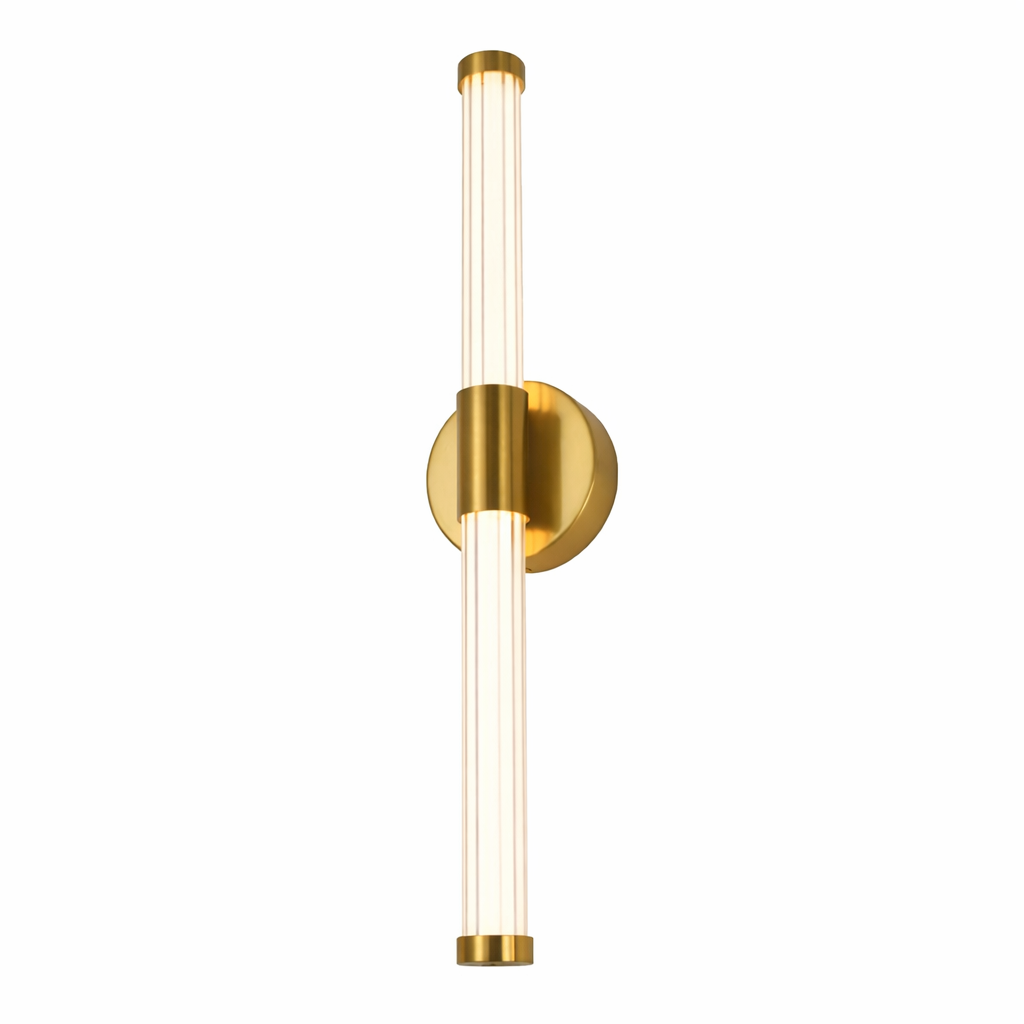Gold wall sconce with cylindrical design on a white background
