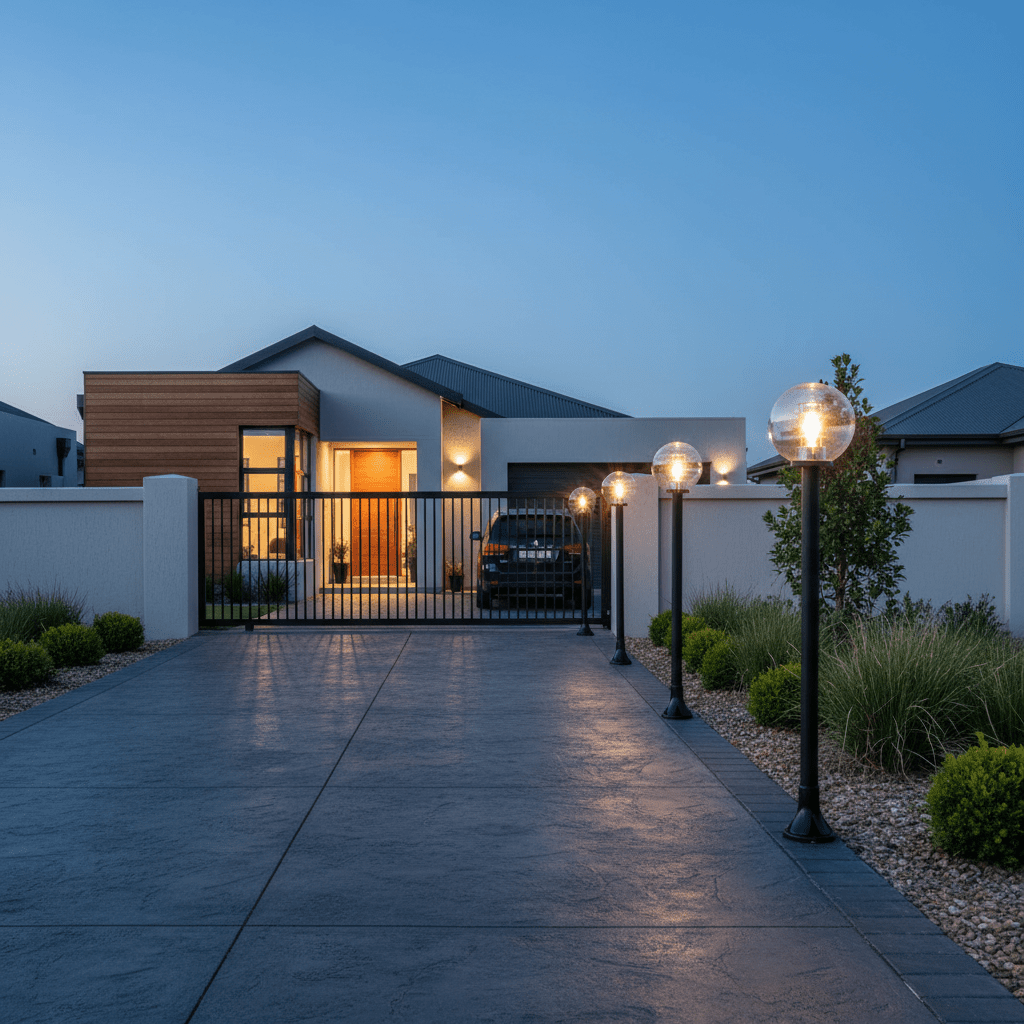 Row of clear globe bollard lights illuminating a concrete driveway toward a modern house gate at dusk
