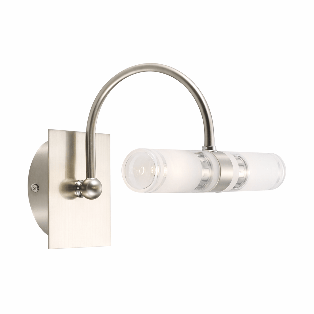 Modern wall sconce with metallic finish and clear glass shade on a white background