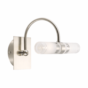 Modern wall sconce with metallic finish and clear glass shade on a white background