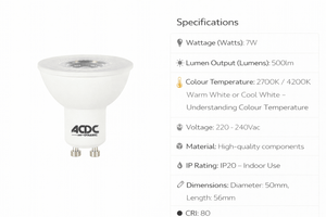 Close-up of a dimmable 7W GU10 LED downlight showcasing its sleek design and specifications.