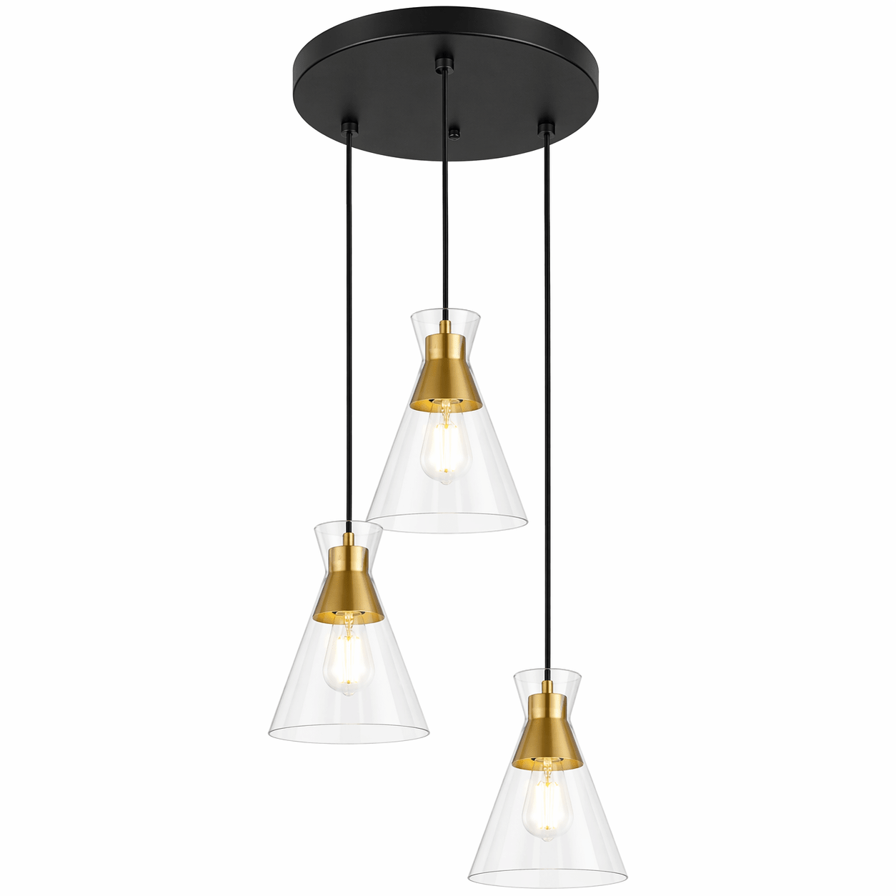 Modern pendant light with three glass shades and gold accents on a white background