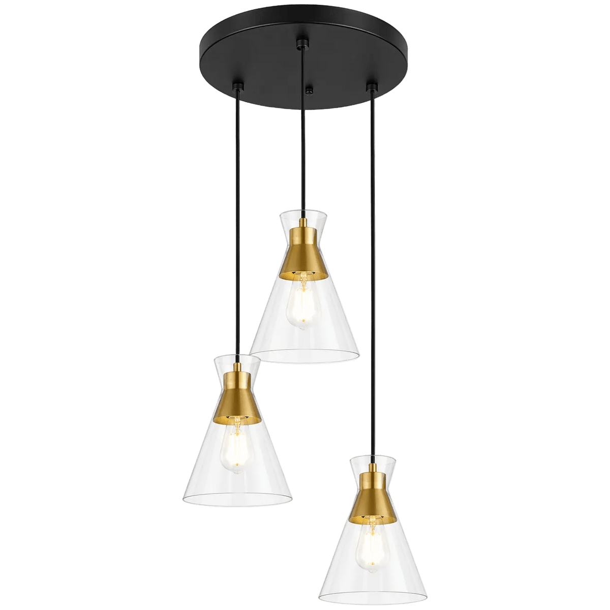 Three conical pendant lights with clear glass shades and gold metal accents, suspended from a black ceiling mount.