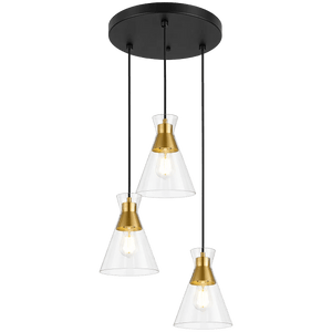 Three conical pendant lights with clear glass shades and gold metal accents, suspended from a black ceiling mount.