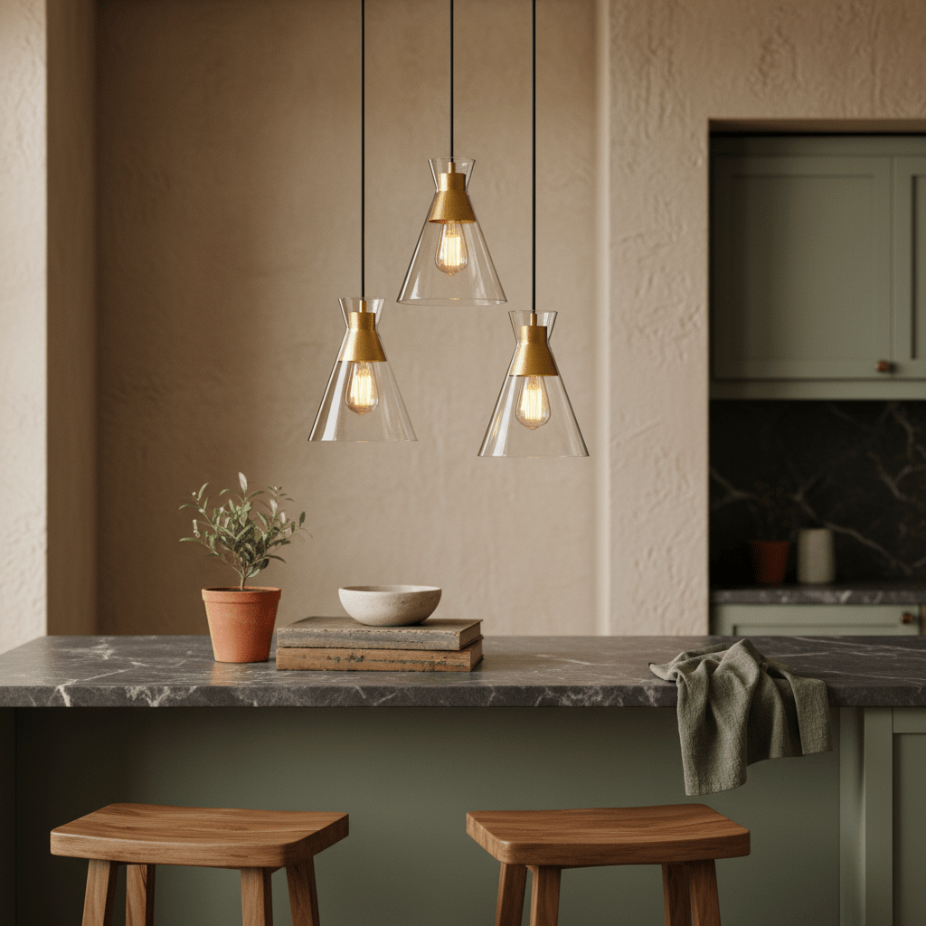 Three-light pendant featuring clear glass shades and gold accents, hanging above a kitchen island with wooden stools.