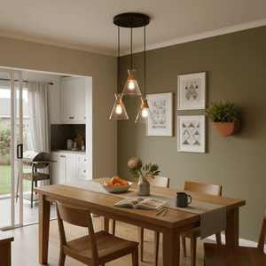 Three-light pendant light with clear glass shades and black and gold accents above a wooden dining table.