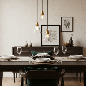 Three-light pendant light in black and gold above a dining table set with plates and glasses.