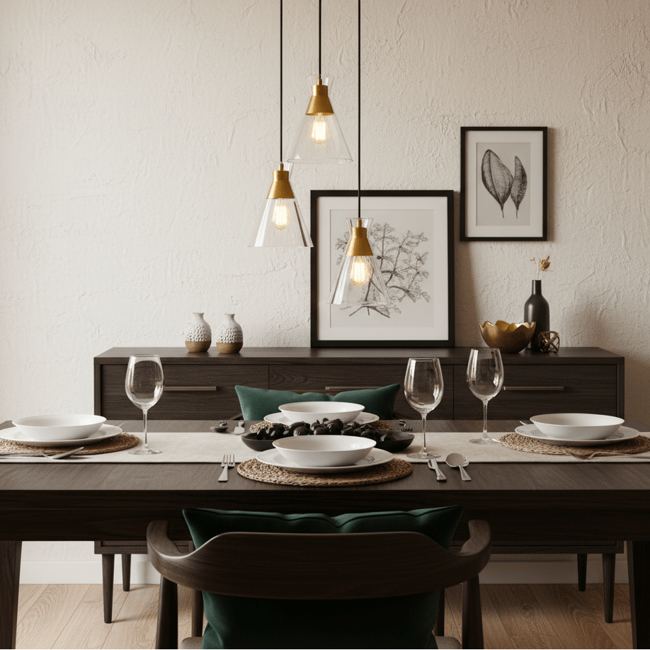Three-light pendant light in black and gold above a dining table set with plates and glasses.