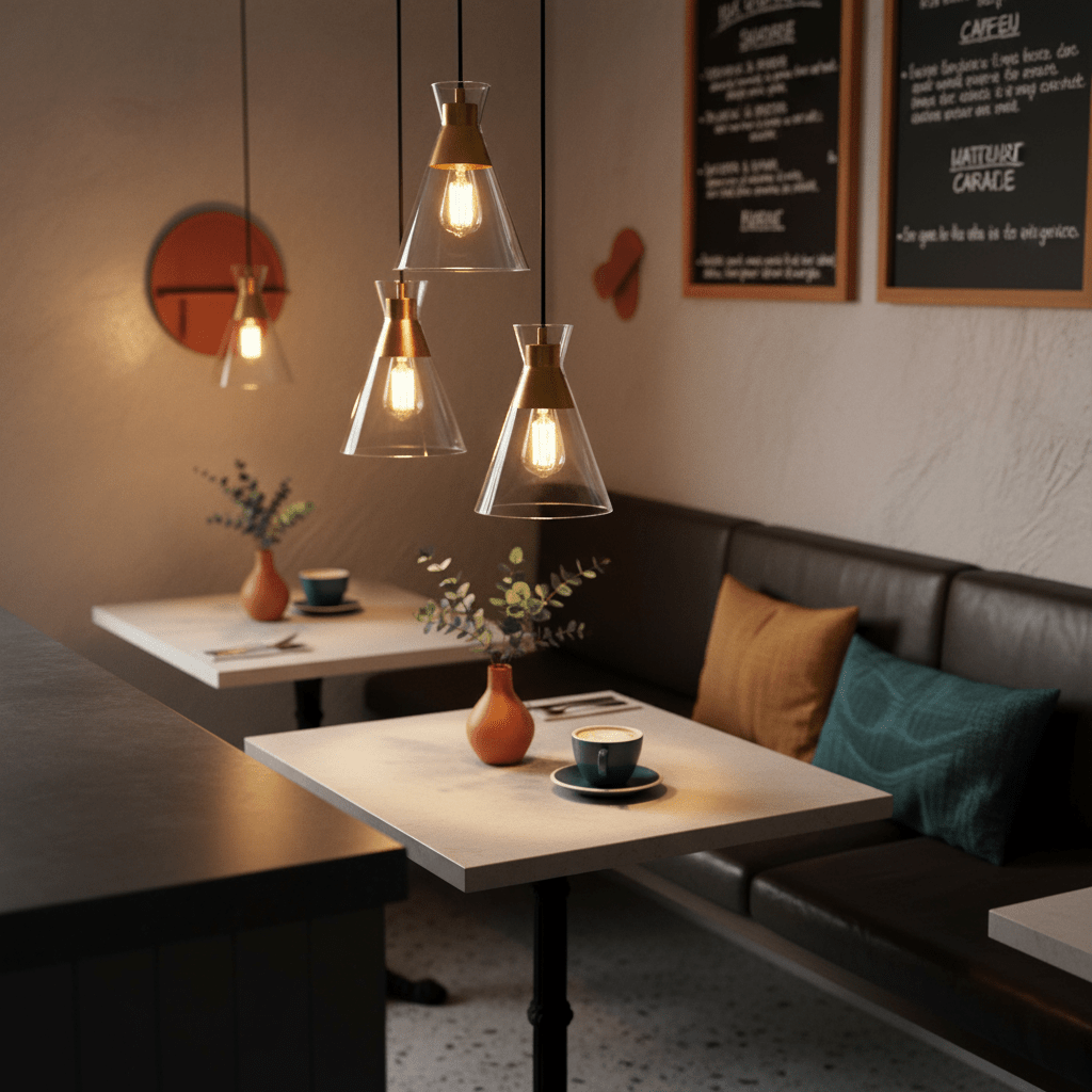 Three black and gold pendant lights with clear glass shades above tables in a cozy café setting.