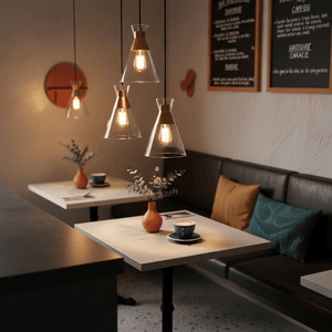 Three black and gold pendant lights with clear glass shades above tables in a cozy café setting.