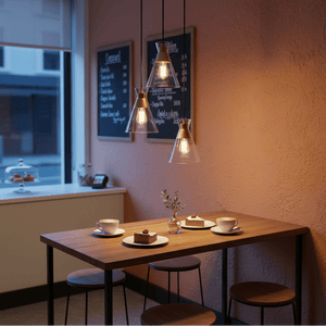 Three-light pendant with clear glass shades and gold accents above a wooden table with desserts and coffee cups.
