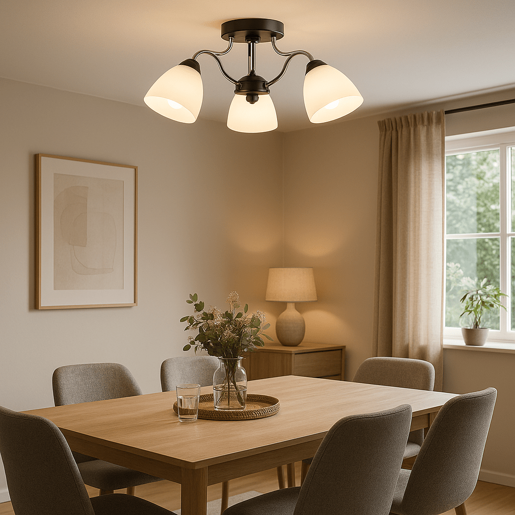 Modern chandelier with frosted glass shades illuminating a dining area with wooden table and chairs.