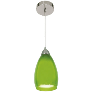 Green satin chrome pendant light with a bell-shaped glass shade