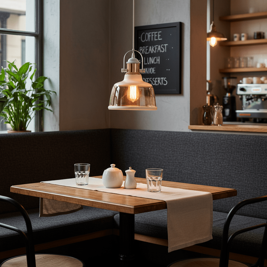 White metal pendant light with cognac glass shade hanging above a wooden table set with glassware and a teapot.