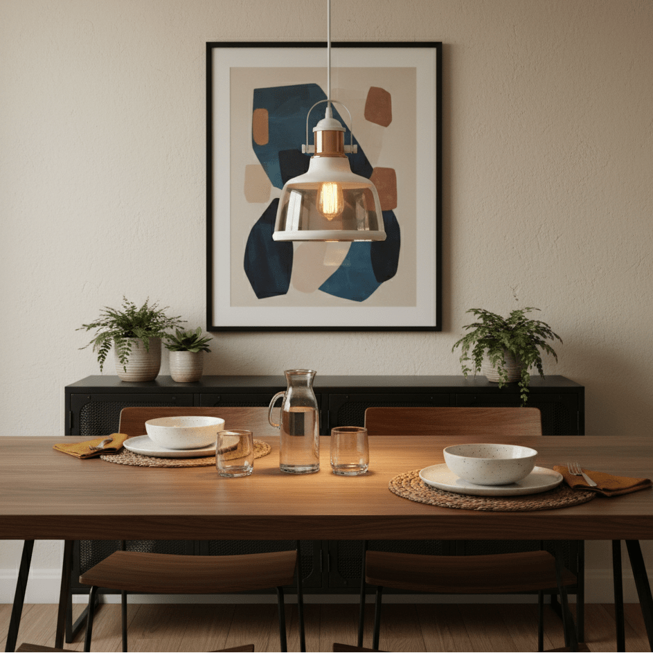 White metal pendant light with cognac glass shade hanging above a dining table set with plates and glasses.