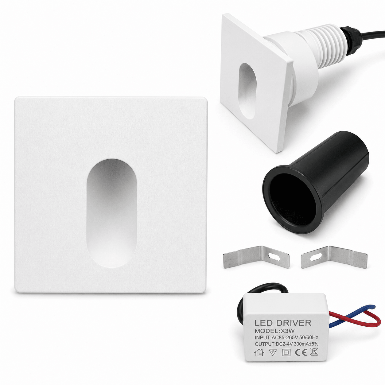 Square warm white LED recessed step light components including light fixture, driver, and installation parts.