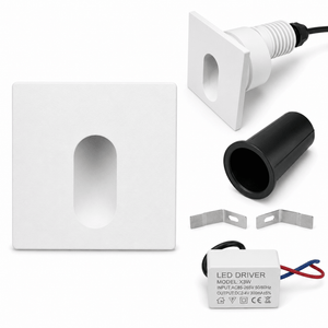 Square warm white LED recessed step light components including light fixture, driver, and installation parts.