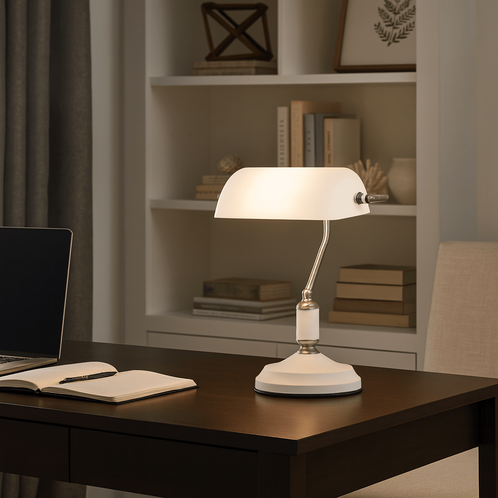 Bankers Table Lamp White & Satin Nickel