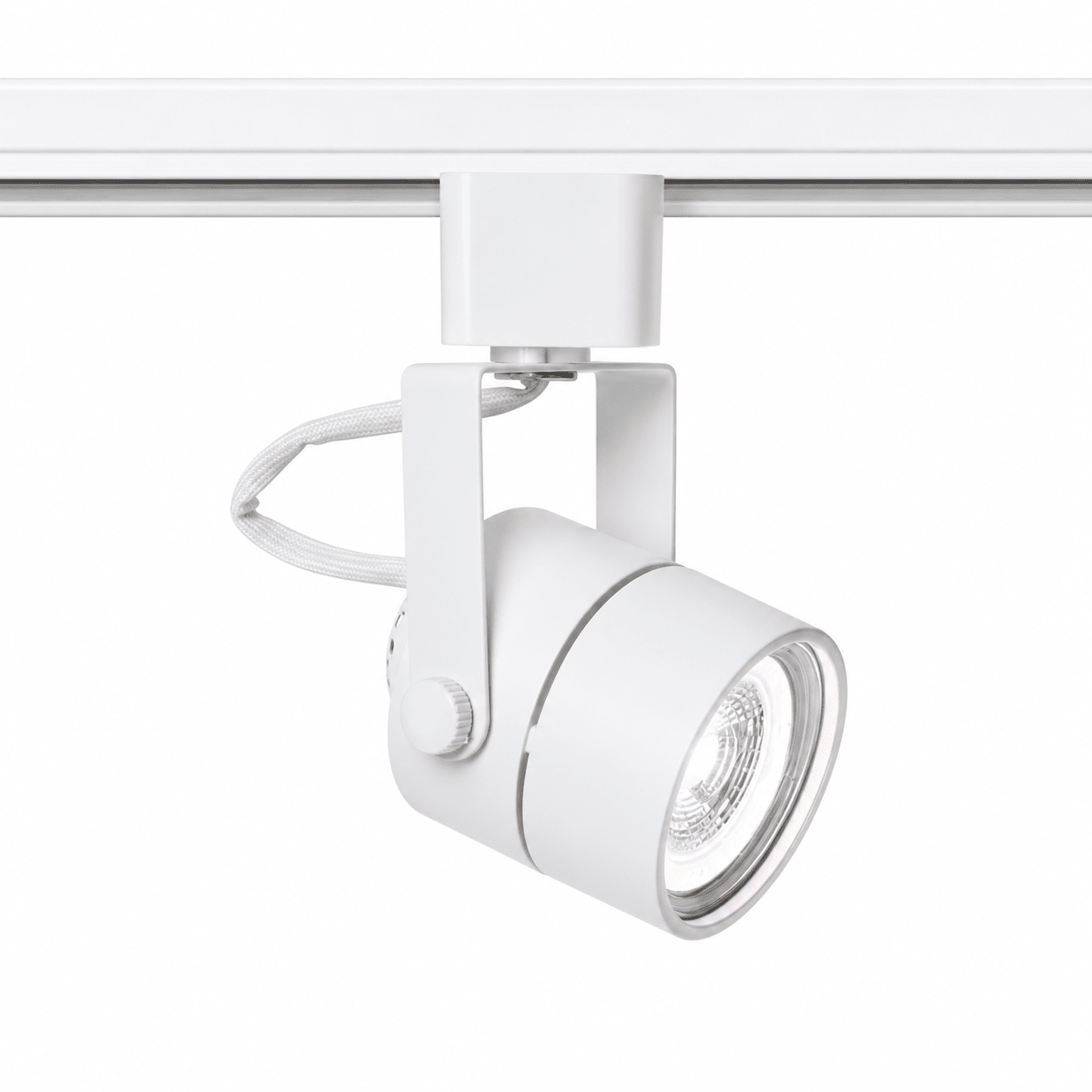 Adjustable white round track spot light mounted on a 3-wire track, showcasing its sleek design.