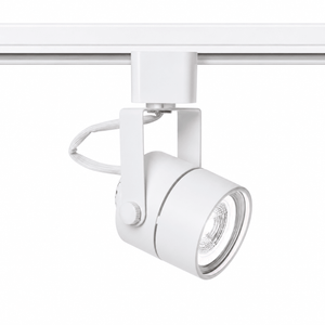 Adjustable white round track spot light mounted on a 3-wire track, showcasing its sleek design.