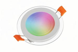 Top view of a Bluetooth RGBW recessed downlight with a colorful gradient lens and orange clips.